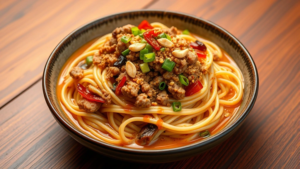 Artistic plating of dan dan noodles with chewy wheat noodles in creamy sesame-based sauce, topped with ground pork, crushed peanuts, preserved vegetables, sesame oil drizzle, garnished with scallions and chili oil, professional food photography, warm amber lighting, appetizing presentation