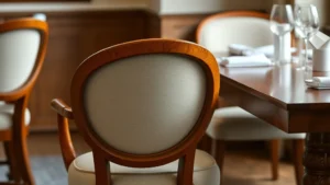 Elegant upholstered dining chair with warm wood armrests and natural linen fabric, positioned at polished wooden table set with white napkin and wine glass, soft diffused natural lighting highlighting texture