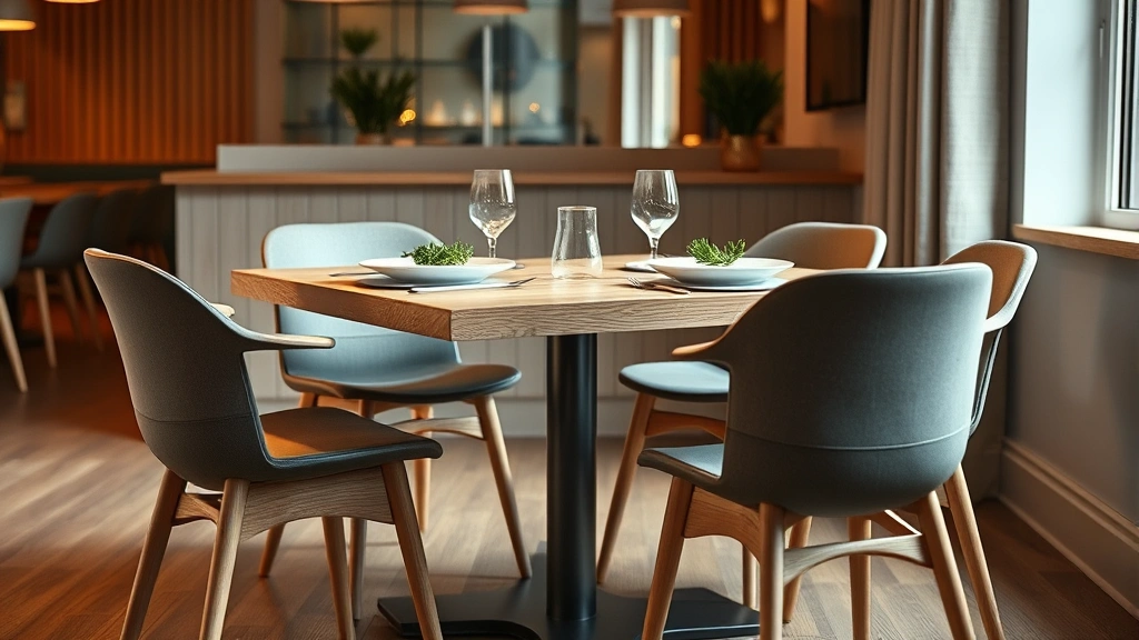 Modern minimalist dining setup featuring four Scandinavian-style chairs with clean lines around a light oak table, carefully arranged place settings with fresh herbs garnish visible on white plates, warm ambient restaurant lighting