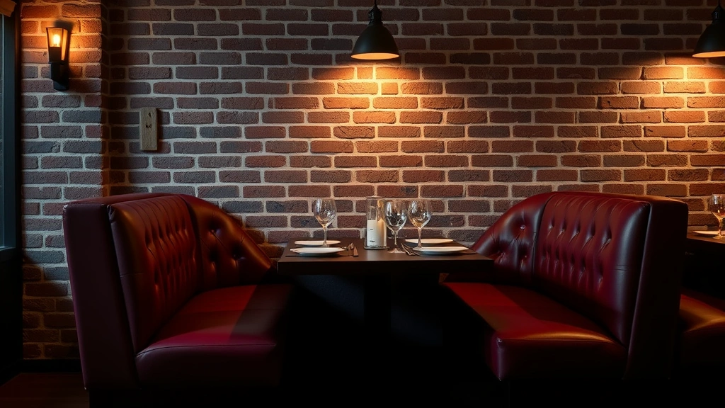 Cozy restaurant booth seating with rich burgundy upholstery against exposed brick wall, intimate table setting with candlelight, soft shadows emphasizing comfortable nesting quality and psychological warmth of enclosed seating