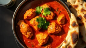 Close-up overhead shot of a steaming bowl of butter chicken with rich tomato-based sauce, tender chicken pieces, fresh cilantro garnish, and warm naan bread on the side, golden hour lighting creating appetizing shadows, photorealistic food photography