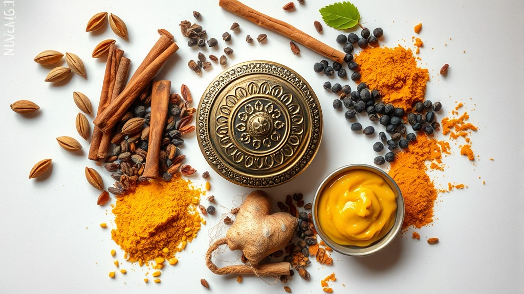 Artistic flat-lay composition of Indian spices arranged around a traditional brass spice box: whole cardamom pods, cinnamon sticks, black peppercorns, coriander seeds, turmeric powder, and fresh ginger-garlic paste, natural window light illuminating textures and colors, no text or labels visible