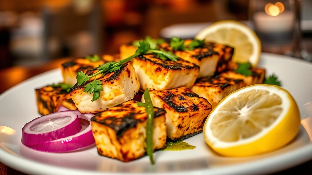 Elegant plated presentation of paneer tikka with charred cheese cubes, fresh cilantro chutney drizzle, red onion slices, and lemon wedges arranged on white ceramic plate, warm restaurant lighting, shallow depth of field emphasizing tandoori char marks and creamy interior texture