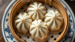 Overhead shot of steaming bamboo basket containing three pristine shrimp dumplings with delicate pleated crowns and translucent wheat starch wrappers, wisps of steam rising, on a round ceramic plate with traditional blue design, shallow depth of field