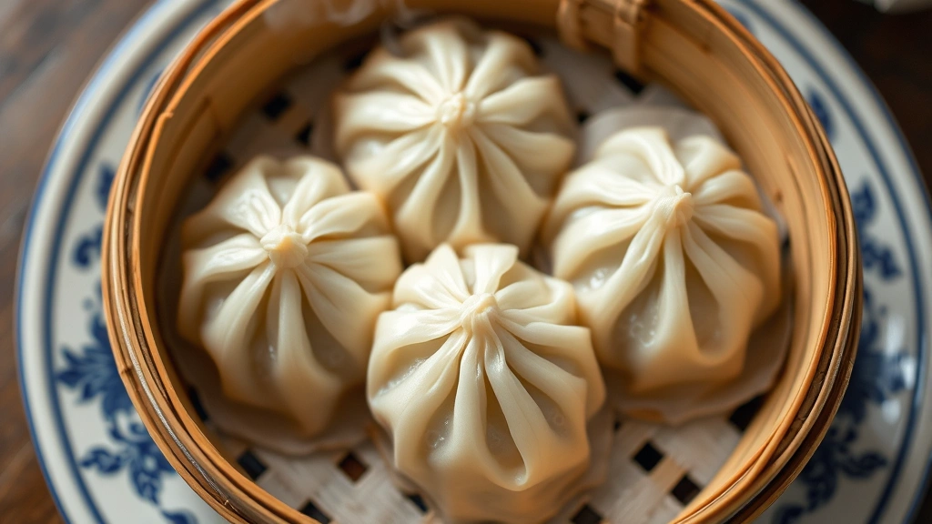 Overhead shot of steaming bamboo basket containing three pristine shrimp dumplings with delicate pleated crowns and translucent wheat starch wrappers, wisps of steam rising, on a round ceramic plate with traditional blue design, shallow depth of field