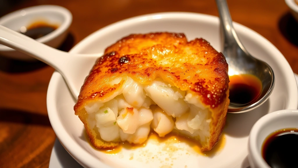 Close-up of golden pan-fried scallop and daikon radish cake with crispy caramelized exterior, showing tender custardy interior with visible scallop chunks, served on white porcelain with small ceramic spoon and soy sauce dish, warm restaurant lighting