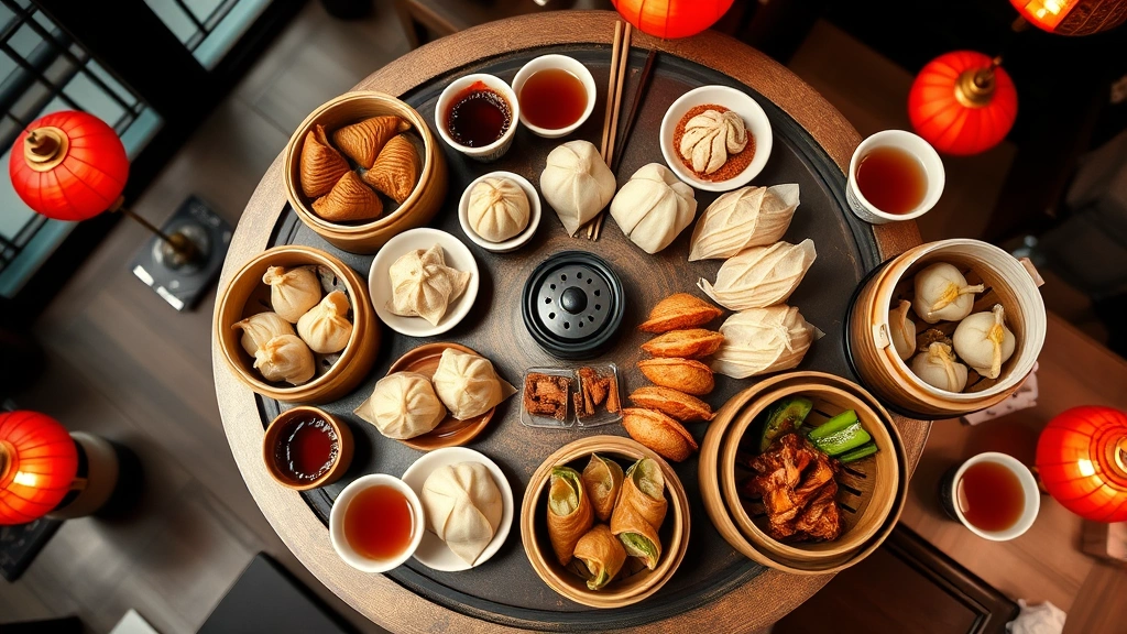 Overhead flat lay of multiple dim sum items arranged on rotating lazy Susan: har gow, siu mai, char siu bao, and steamed vegetable dumplings in various bamboo steamers, small ceramic tea cups with jasmine tea, chopsticks, dim sum restaurant ambiance with red lanterns blurred in background