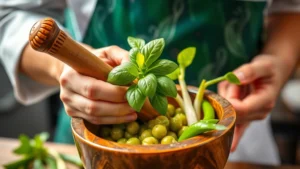 Professional Thai chef preparing green curry paste with fresh Thai basil, galangal, and green chilies in a traditional mortar and pestle, vibrant aromatic herbs visible, close-up detail of hands working ingredients, warm kitchen lighting, steam rising