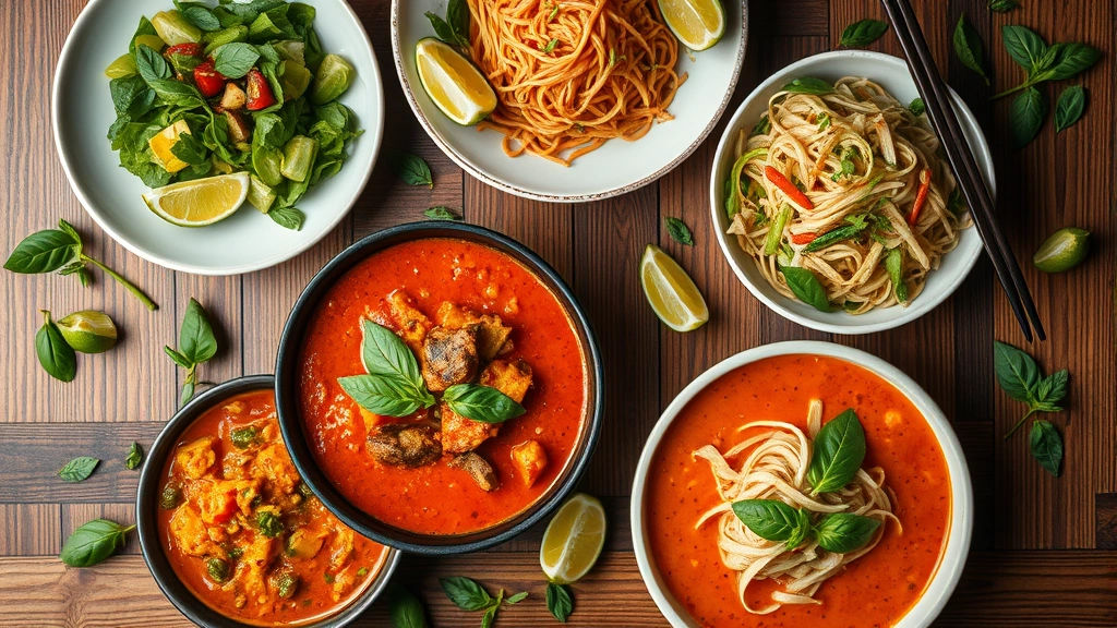 Overhead shot of multiple Thai dishes on a wooden table: red curry with protein, green papaya salad, pad Thai noodles, fresh lime wedges, Thai basil sprigs scattered, warm ambient lighting, shallow depth of field highlighting textures