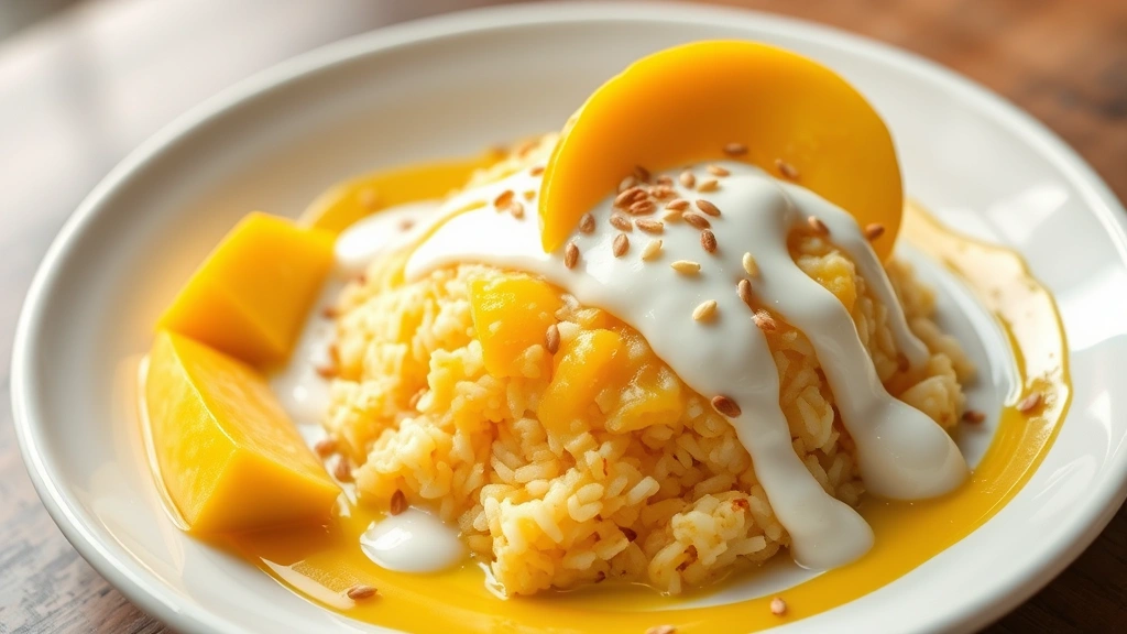 Golden mango sticky rice dessert on a white plate with coconut cream drizzle, fresh mango slices artfully arranged, toasted sesame seeds, soft natural lighting, elegant plating, close-up food photography emphasizing creamy texture and vibrant colors