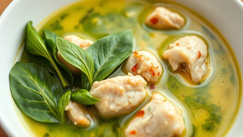 Vibrant green curry in a white bowl with basil leaves, tender chicken pieces, and coconut broth, steaming hot with aromatic spices visible, professional food photography, close-up shot