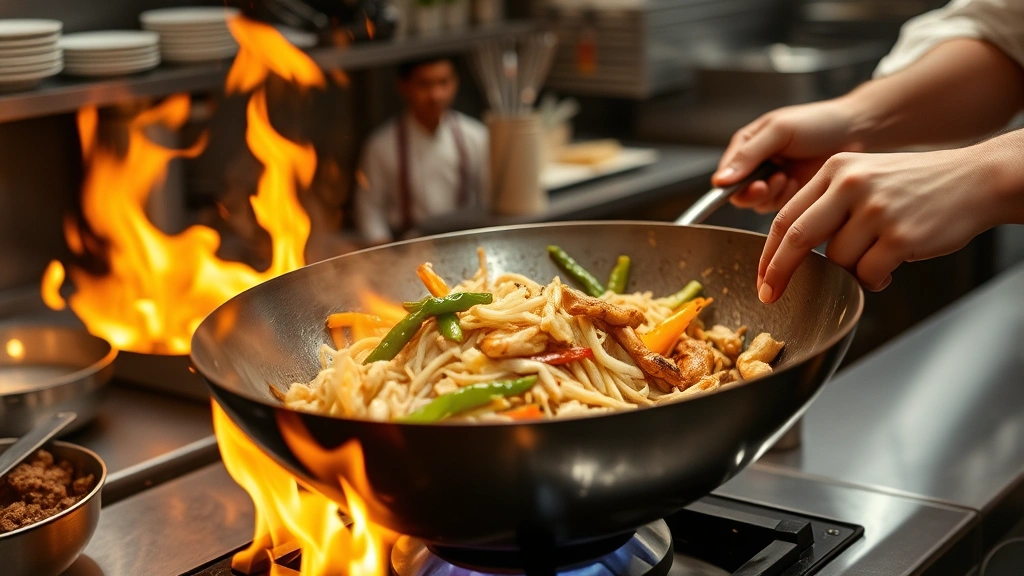 Traditional Thai wok cooking in a professional kitchen with flames, stir-frying vegetables and protein at high heat, metallic wok catching light, chef's hands visible, authentic restaurant kitchen setting