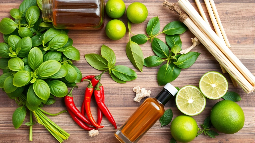 Overhead flat lay of authentic Thai ingredients arranged artfully: fresh Thai basil, lime leaves, bird's eye chilies, galangal root, lemongrass, fish sauce bottle, and fresh lime halves on wooden surface
