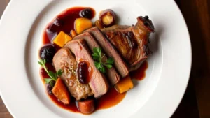 Overhead view of perfectly seared duck breast with cherry gastrique, crispy skin glistening under warm restaurant lighting, accompanied by seasonal roasted root vegetables and fresh herbs on white ceramic plate