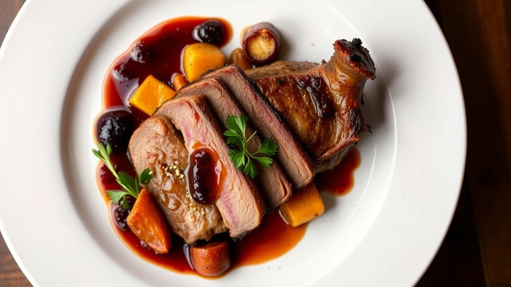 Overhead view of perfectly seared duck breast with cherry gastrique, crispy skin glistening under warm restaurant lighting, accompanied by seasonal roasted root vegetables and fresh herbs on white ceramic plate