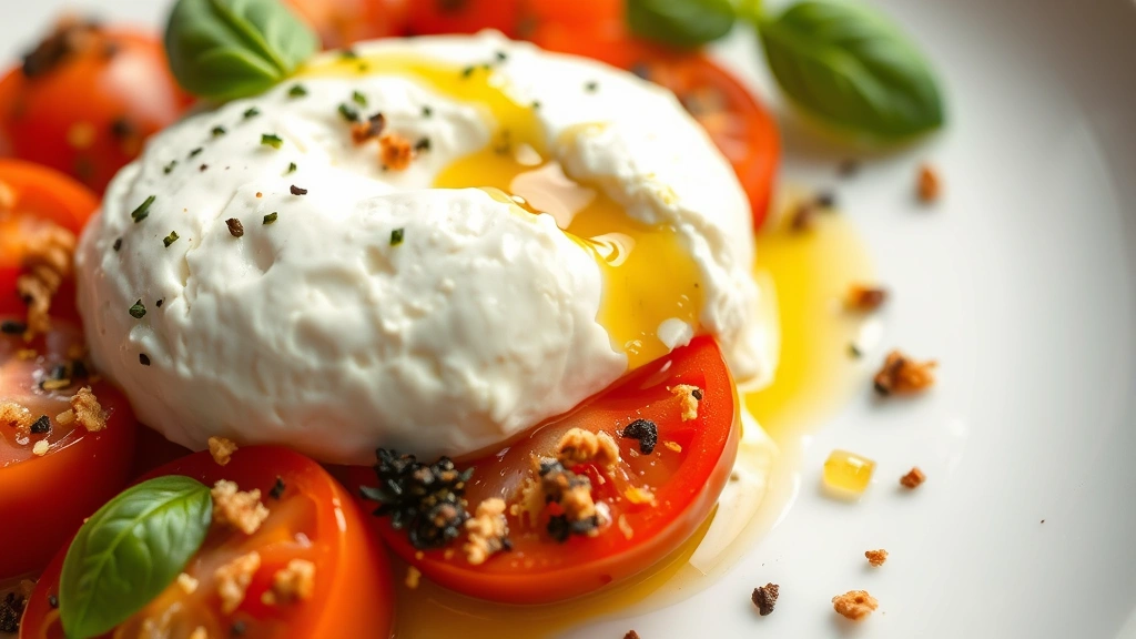 Close-up of delicate burrata cheese with heirloom tomatoes, basil oil drizzle, and crispy anchovy breadcrumbs on white plate, soft natural light highlighting the creamy texture and vibrant tomato colors