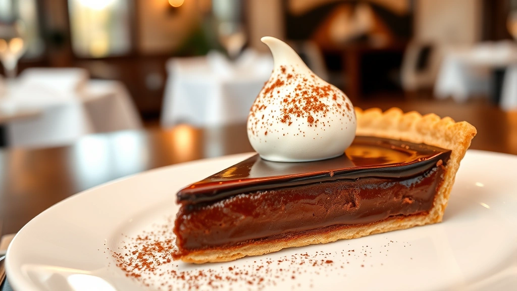 Elegant chocolate tart with glossy chocolate filling, crispy pastry crust, vanilla ice cream quenelle, and delicate cocoa powder dusting on white plate against soft-focused restaurant background