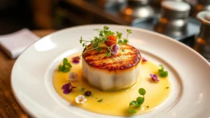 Overhead shot of an elegantly plated seared scallop with beurre blanc sauce, microgreens, and edible flowers on a white ceramic plate, warm lighting, restaurant kitchen background blurred, shallow depth of field, professional food photography style