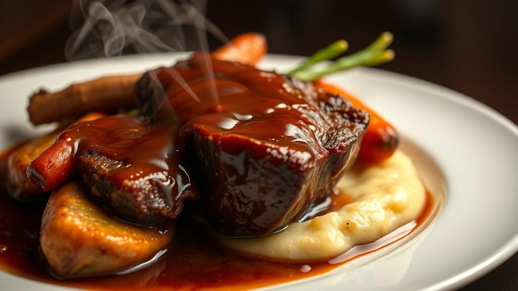 Close-up of a slow-braised short rib with glossy sauce, root vegetables including parsnip puree and glazed carrots, steam rising, warm tungsten lighting, fine dining plating presentation, white plate against dark background