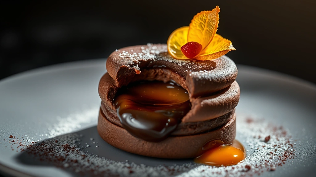 Artistic presentation of a dark chocolate soufflé with molten center, passion fruit curd, candied citrus peel, and gold leaf garnish, dramatic side lighting, professional pastry photography, shallow focus on the soufflé center