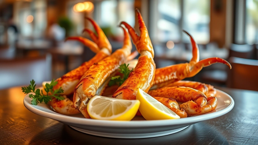 Golden-brown garlic butter crab legs arranged on white plate with herb garnish and lemon wedge, steam rising from succulent meat, restaurant ambiance blurred background