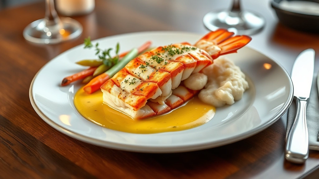 Elegant plated lobster tail with saffron beurre blanc sauce, seasonal vegetables, and truffle mashed potatoes, fine dining presentation with soft warm lighting