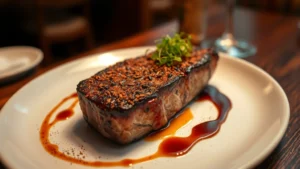 Overhead shot of elegantly plated coffee-rubbed protein with crispy exterior, dark caramelized crust, resting on white ceramic plate with artistic sauce drizzle, warm ambient restaurant lighting, garnished with fresh microgreens and coffee dust, shallow depth of field
