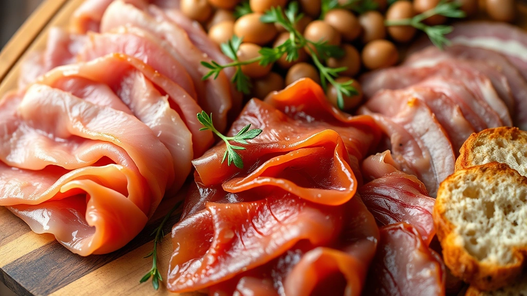 Close-up of house-cured charcuterie board featuring heritage pork preparations, aged prosciutto with delicate translucency, artisanal cured meats in varying colors, arranged on wooden serving board with crusty bread slices, fresh herbs scattered between meats, natural warm lighting