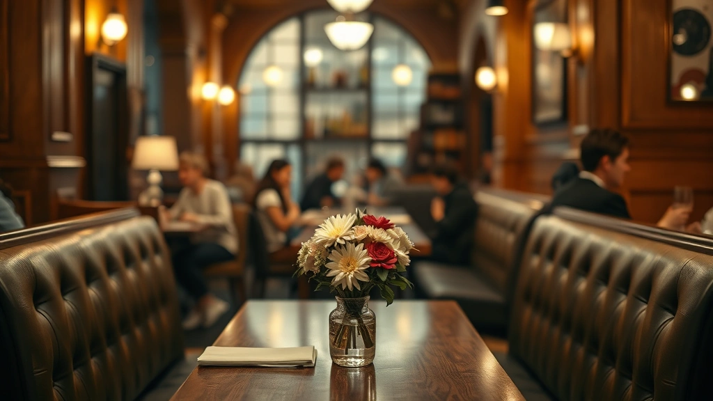 Wide shot of intimate restaurant booth seating with warm wood tones, soft ambient lighting, fresh flowers in glass vase on table, blurred figures of diners in background enjoying meals, vintage architectural details visible, cozy sophisticated atmosphere, photorealistic