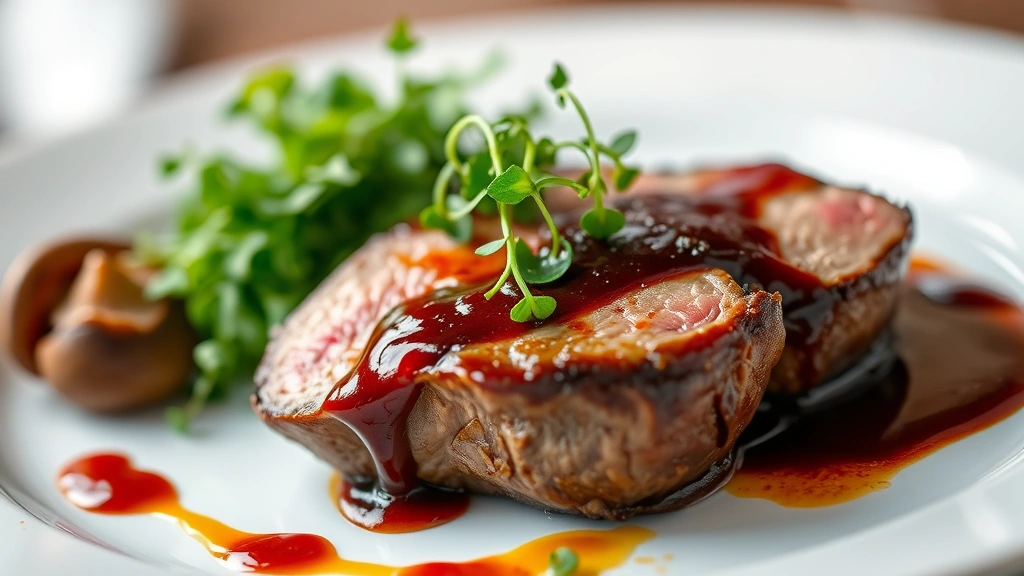 Close-up of perfectly seared duck breast with crispy skin, cherry gastrique drizzle, wild mushroom garnish, and fresh microgreens on white ceramic plate, professional restaurant lighting, shallow depth of field, food photography style