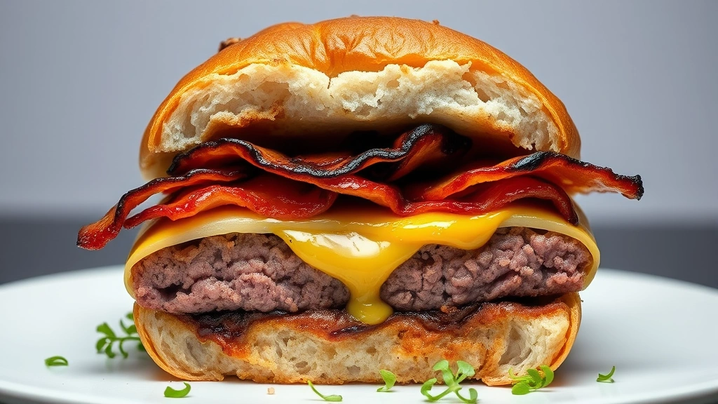 Heritage breed beef burger cross-section showing perfectly cooked medium-rare interior, caramelized crust, melted aged Gruyère cheese, house-cured bacon, house-made sauce, brioche bun, artful plating with microgreens, studio lighting