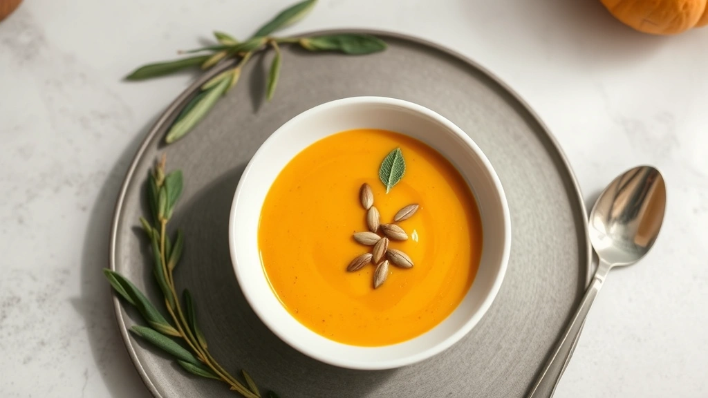 Overhead shot of elegant butternut squash bisque in shallow white bowl, silky texture, sage-infused brown butter drizzle, toasted pumpkin seed garnish, minimalist plating, soft natural lighting, fine dining presentation