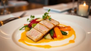Beautifully plated fine dining dish with precision-placed protein, vibrant seasonal vegetables, and artistic sauce work on a white plate, restaurant lighting, close-up macro photography of food textures
