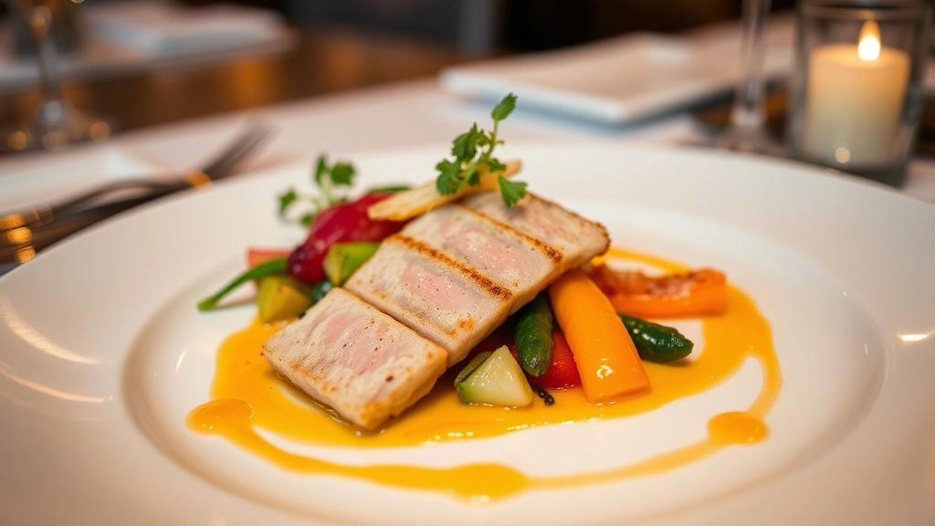 Beautifully plated fine dining dish with precision-placed protein, vibrant seasonal vegetables, and artistic sauce work on a white plate, restaurant lighting, close-up macro photography of food textures