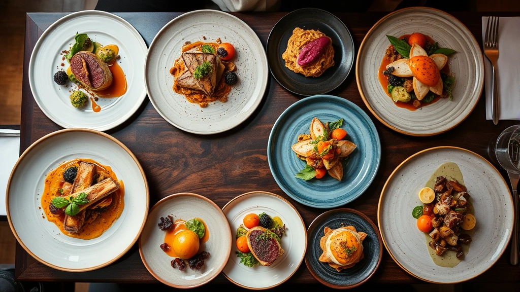 Overhead view of multi-course tasting menu progression showing 4-5 different plates arranged to show variety in colors, textures, and plating styles, natural fine dining ambiance, professional food photography