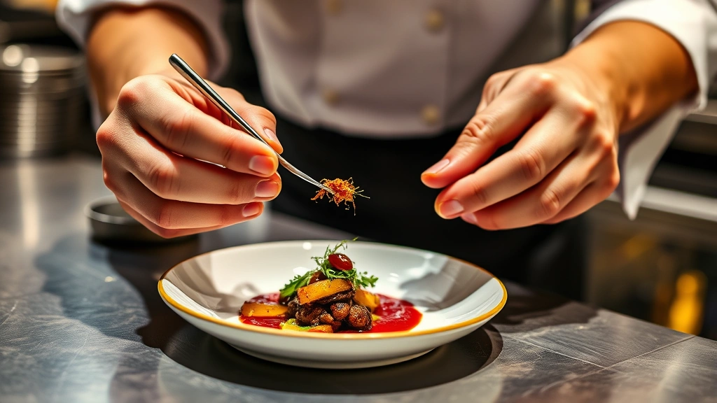 Close-up of chef's hands during precise plating technique, adding final garnish to elegant dish with tweezers, stainless steel counter visible, warm kitchen lighting, focus on culinary craftsmanship