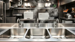 Professional stainless steel three compartment sink in commercial kitchen with hot water running, steam rising, showing all three basins clearly separated with dividers, industrial setting with overhead lighting