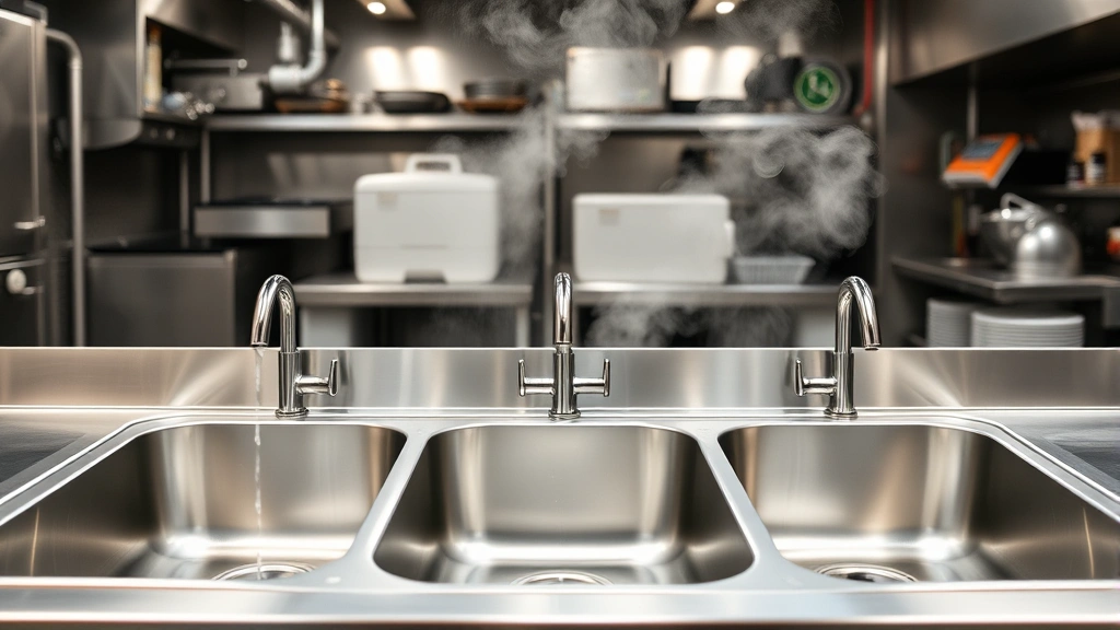 Professional stainless steel three compartment sink in commercial kitchen with hot water running, steam rising, showing all three basins clearly separated with dividers, industrial setting with overhead lighting