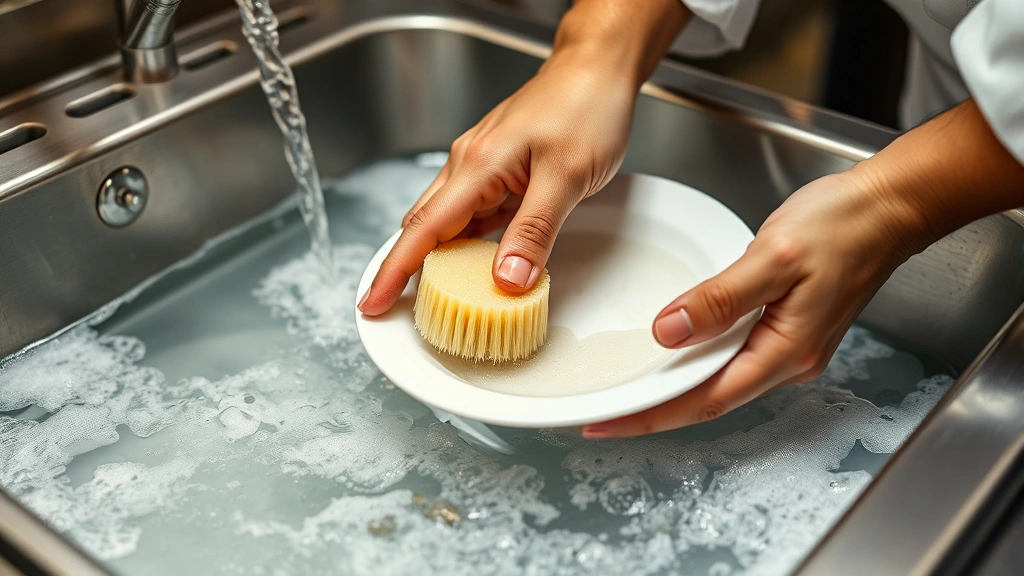 Close-up of chef's hands scrubbing dishes in first wash basin with hot soapy water, using soft brush on plate, food particles visible in water, commercial kitchen environment