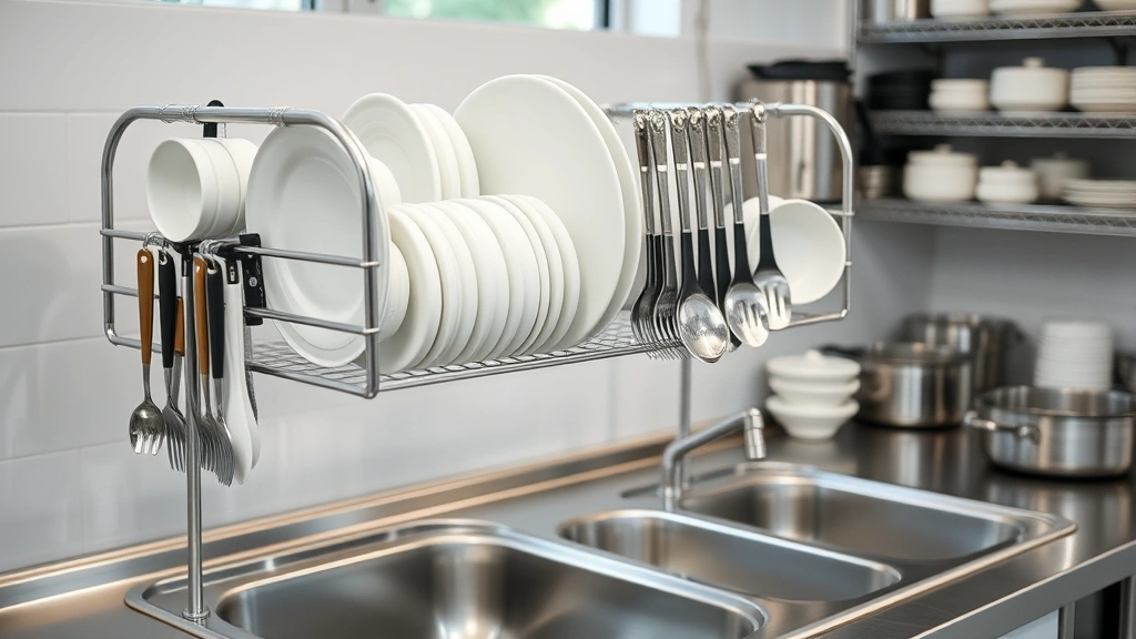 Air-drying sanitized dishes and utensils on clean stainless steel rack near three compartment sink, various cookware items arranged neatly, natural kitchen lighting, professional food service setup