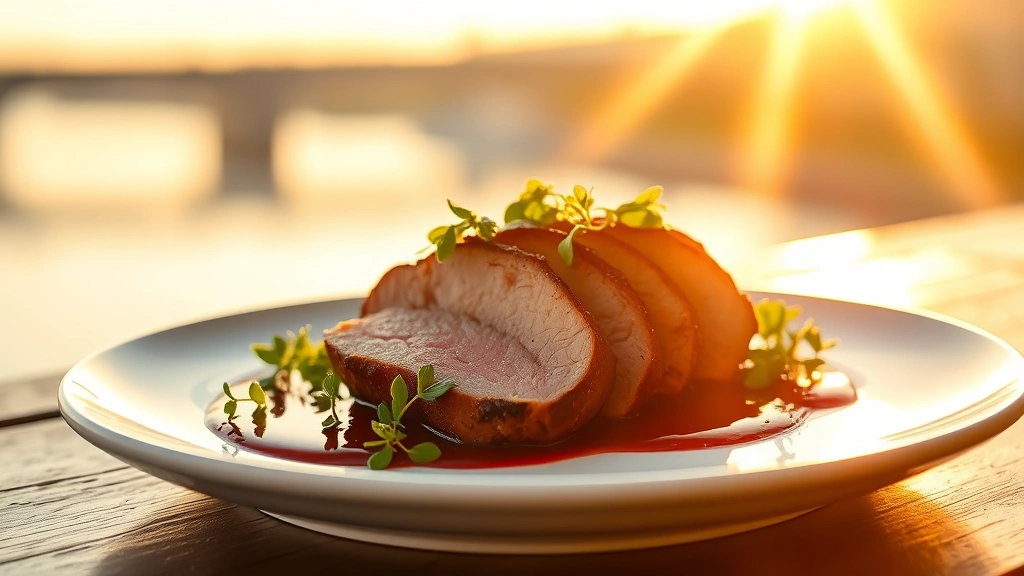 Golden-hour light streaming across a plated duck breast with cherry gastrique, crispy skin glistening, served on white ceramic with fresh herbs and microgreens garnish, river visible softly blurred in background