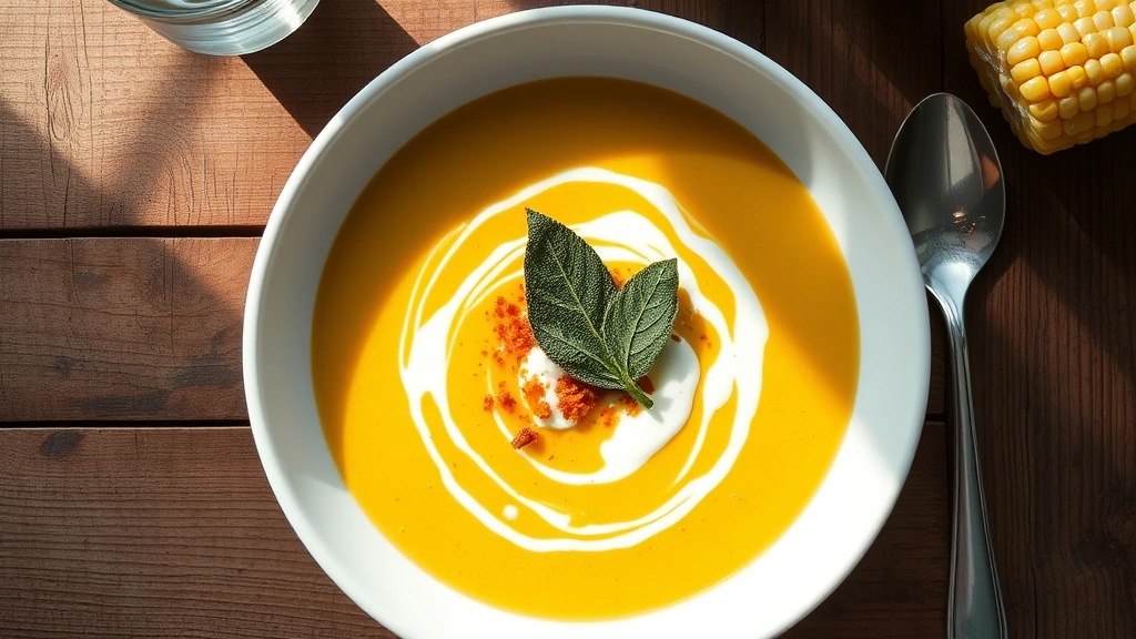 Overhead view of elegant chilled corn bisque in white bowl topped with roasted poblano cream, crispy sage leaf, and subtle garnish, rustic wooden table surface, natural window light reflecting off spoon