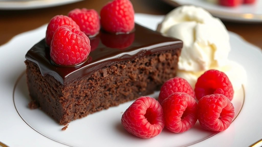 Close-up of flourless dark chocolate torte slice with glossy ganache finish, fresh raspberries arranged artfully, vanilla bean ice cream melting slightly beside it, plated on white china with gold rim detail