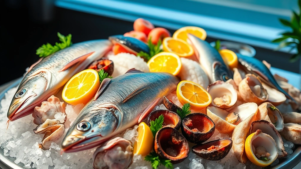 Vibrant fresh seafood display featuring whole fish, oysters on ice, scallops, and shellfish arranged on crushed ice with citrus garnish, professional culinary presentation, natural lighting highlighting ingredient freshness