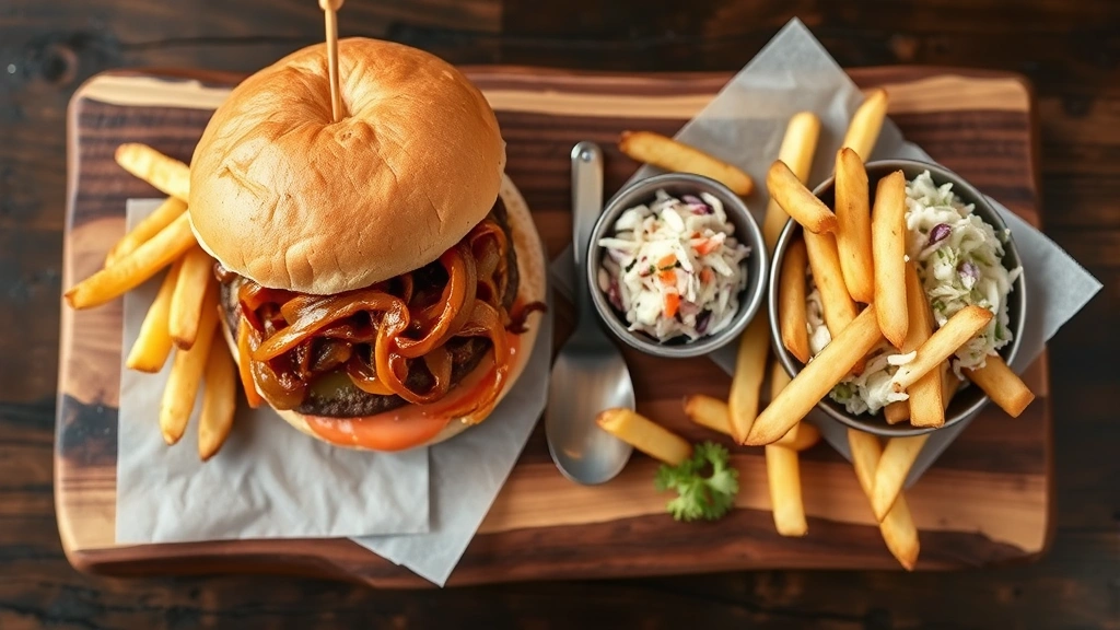 Overhead view of casual comfort food meal: gourmet burger with caramelized onions and house-made condiments alongside hand-cut fries and fresh coleslaw on rustic wooden board, warm restaurant ambiance, appetizing composition