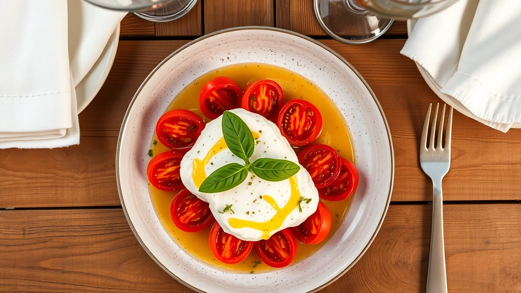 Overhead view of a rustic wooden table set with white linens, featuring a fresh burrata and heirloom tomato appetizer with vibrant red tomatoes, creamy white cheese, basil leaves, and golden olive oil drizzle, soft warm restaurant lighting illuminating the plate