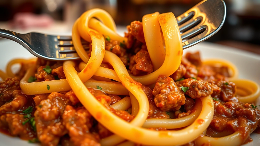 Close-up of handmade tagliatelle pasta ribbons coated in rich, glossy Bolognese ragù sauce, showing individual ground meat pieces and fresh herbs, fork twirled pasta, shallow depth of field with restaurant ambiance blurred in background