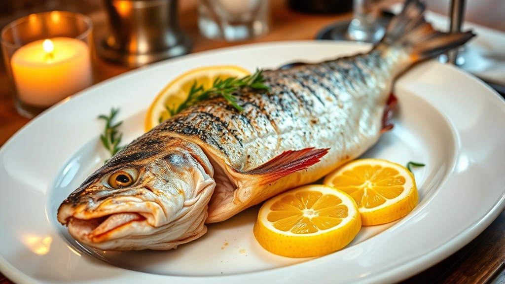 Whole roasted branzino fish on a white ceramic plate with lemon slices, fresh rosemary sprigs, and aromatic fennel, crispy golden skin visible, elegant plating with fine dining presentation in warm candlelit setting