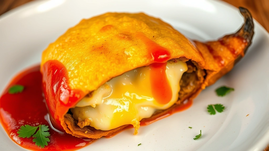 Close-up of a perfectly plated Chile Relleno with golden egg batter coating, vibrant red ranchero sauce dripping over the side, melted Oaxaca cheese visible where it's been cut, served on a white ceramic plate with cilantro garnish