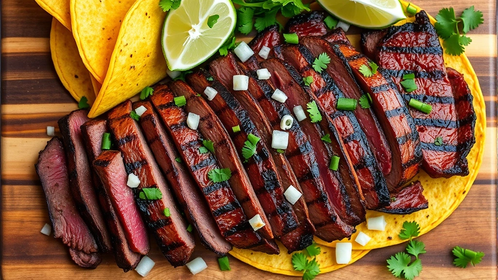 Overhead shot of grilled Carne Asada sliced beef with beautiful caramelized char marks, arranged on a rustic wooden board with warm corn tortillas, fresh lime wedges, diced white onion, and bright green cilantro sprinkled throughout
